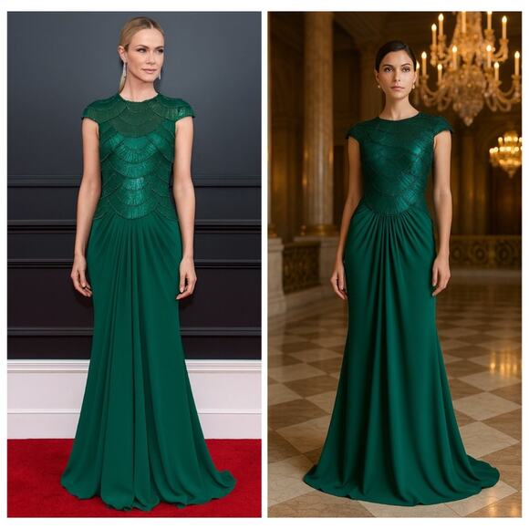 NWT Tadashi Shoji Coralia Beaded Green Evening Party Gown Stretch Sz 18 $518 - Picture 1 of 16